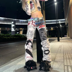 Y2K High Street Retro Graffiti Printed Baggy Jeans Streetwear Hip Hop Loose Japanese Millennium Casual Straight Jeans