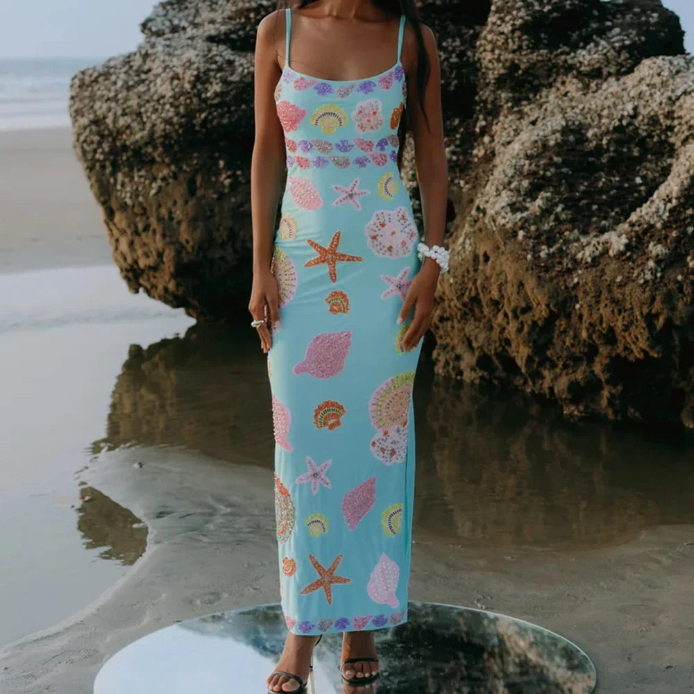 y2k Vintage Starfish Sequins Maxi Dress Sleeveless Bodycon Tank Dress Backless Beach Party Long Dresses