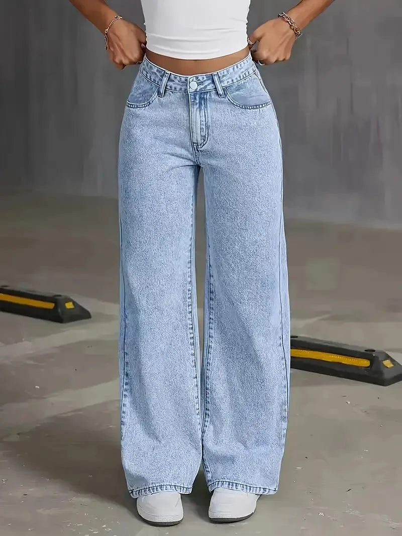 plus Size Wide Leg Jeans Washed Elastic Casual Loose Fit Ladies Denim Pants Comfortable Stretchy Trousers