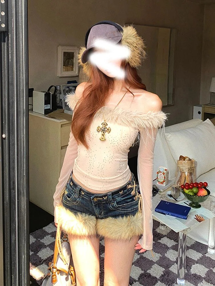 Retro Design Fluffy Splicing Jeans Shorts Y2k Low-rise Strap Slim Pants