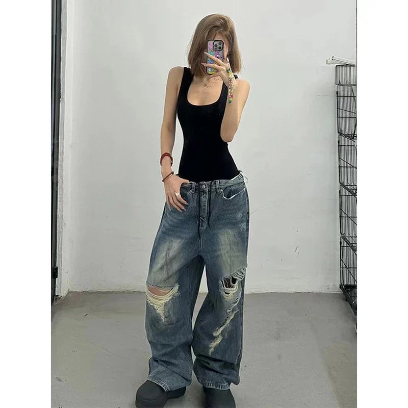 High Waist Ripped Blue Jeans Hip-hop Style Vintage Streetwear Y2K Wide Leg Jean 2000s Trouser Baggy Denim Pants