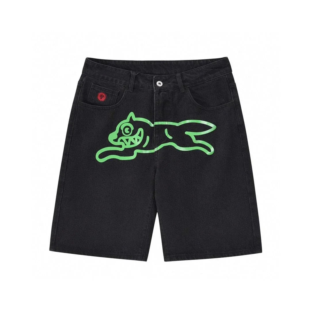 Y2k Harajuku Hip-Hop Gothic Colored Flying Dog Printed Denim Shorts High Street Loose Casual Straight Cropped Jeans