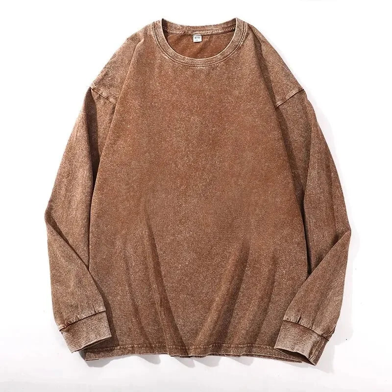 Plus Size Washed Pure Cotton Long Sleeve T-Shirt European Style Oversized round Neck Big Size