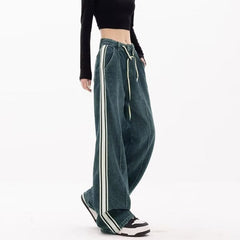 Trendy Denim Pants Striped Drawstring High Waist Jeans Harajuku Y2k Korean Style Vintage Loose Straight Rousers