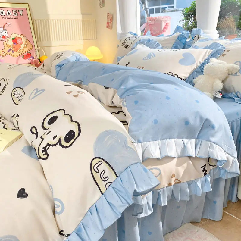 Cartoon Washed Cotton Bed Sheet Four-piece Set Non-cotton Thickened Brushed Quilt Cover Bed Skirt Style Princess Style Bedroom