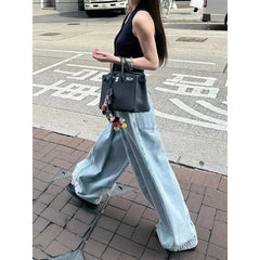 American Style High Waist Wide Leg Denim Jeans Retro Knife Edge Loose Fit Floor Length Pants