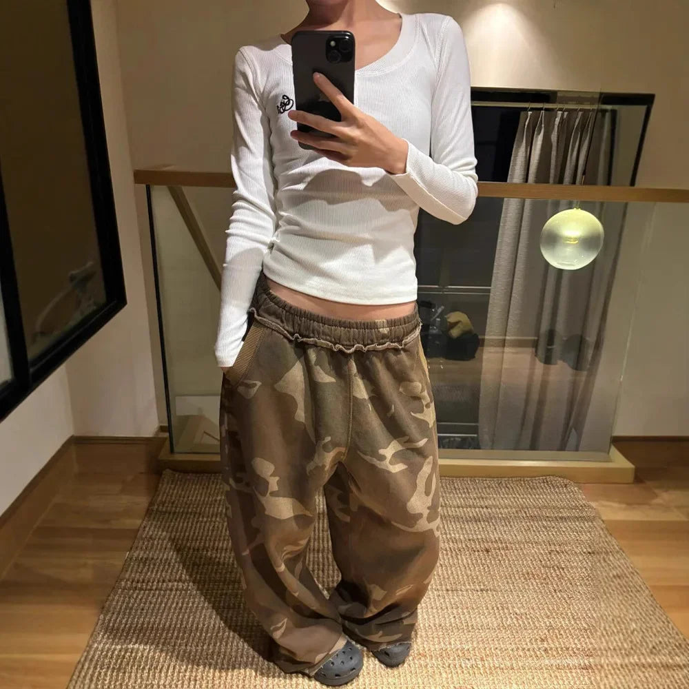 American Style Girl Camouflage Wide Leg Pants Straight Casual Loose Sports Sweatpants Design Long