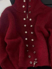 Luxury Fluffy Knitted Cardigan Sweater Design Double Breasted Sweater Coat High-end Lazy Zipper 2000s Y2k Knit Top