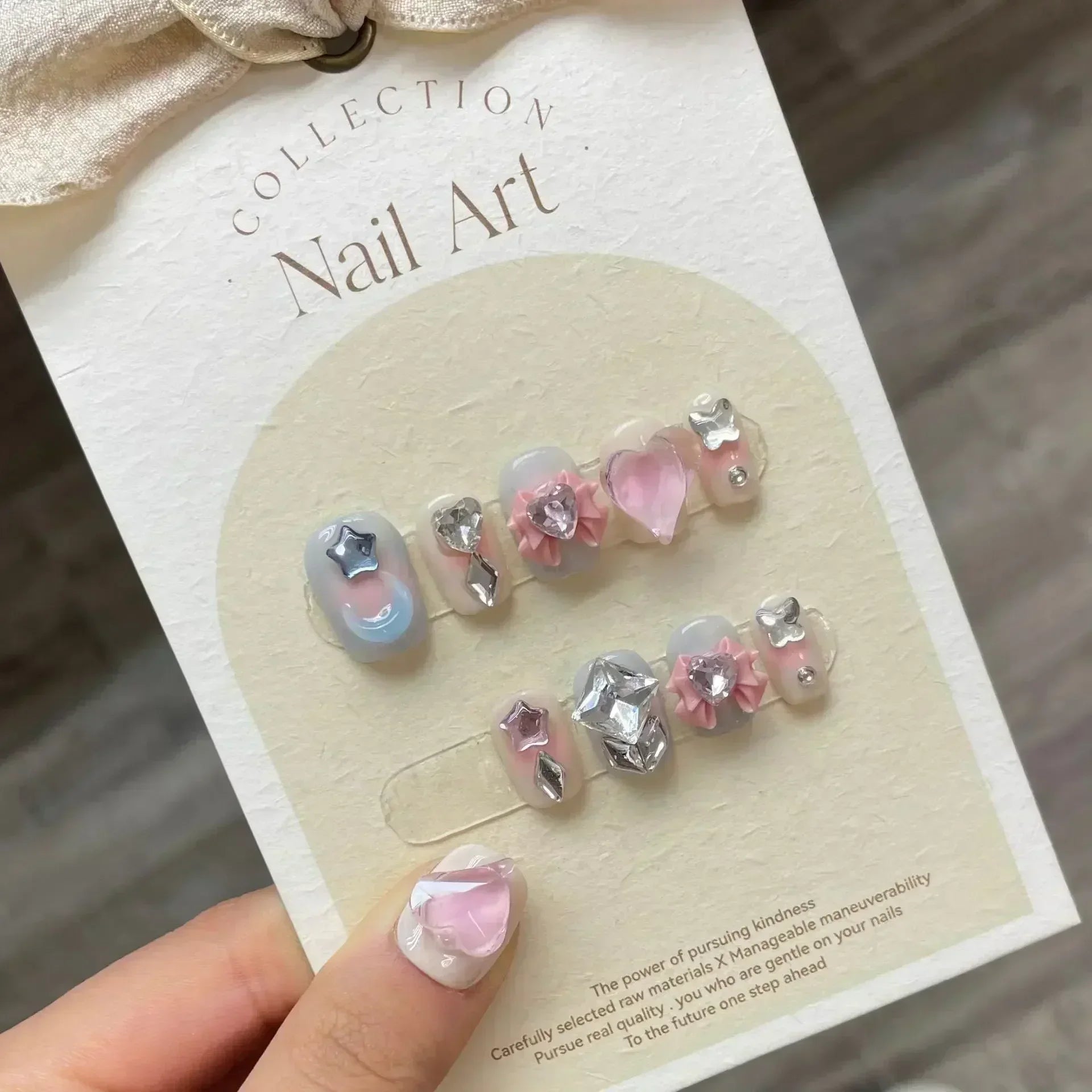 10Pcs Cute Handmade Press on Nails Short Korean Fake Nails with 3D Star Moon Nail Art Rhinestone Heart Artifical False Nails Art