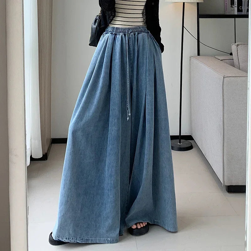 Loose-Fit Plus Size Jeans Slimming Wide-Leg Ground-Length Simple Style Casual Ladies Pants