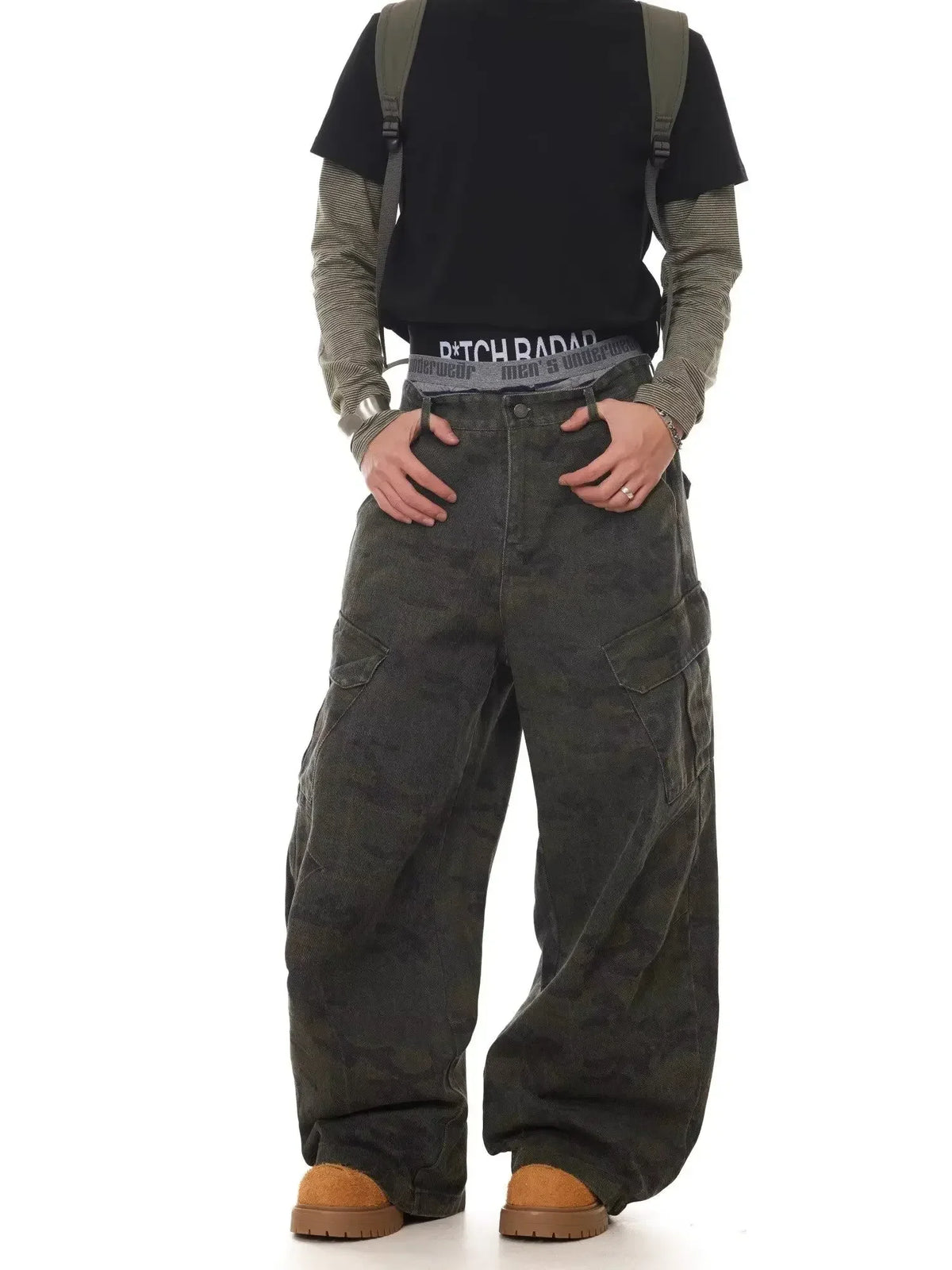 Relaxed Wide-Leg Scissor-Cut Casual Pants American Vintage Multi-Pocket Camouflage Silhouette Curved-Leg Jeans