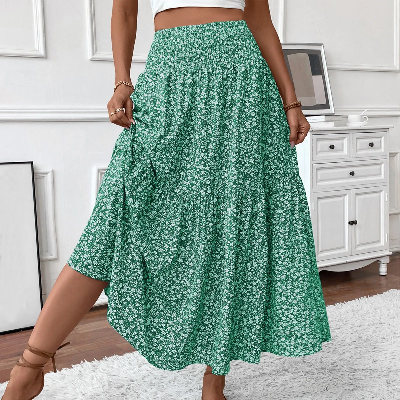 Pleated Floral Print Elastic Waist Loose Splicing A Line Skirt Skirts