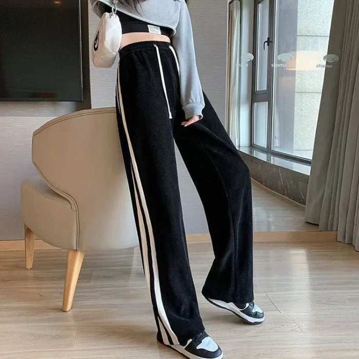 High Waist Thickened Fleece Lined Corduroy Pants Casual Straight Leg Trousers Color Block Stripe Design Trendy Long Pant