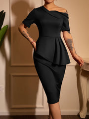 Off Shoulder Dress Elegant Asymmetric Neckline Bodycon Dressable Party Cocktail MIDI Dresses