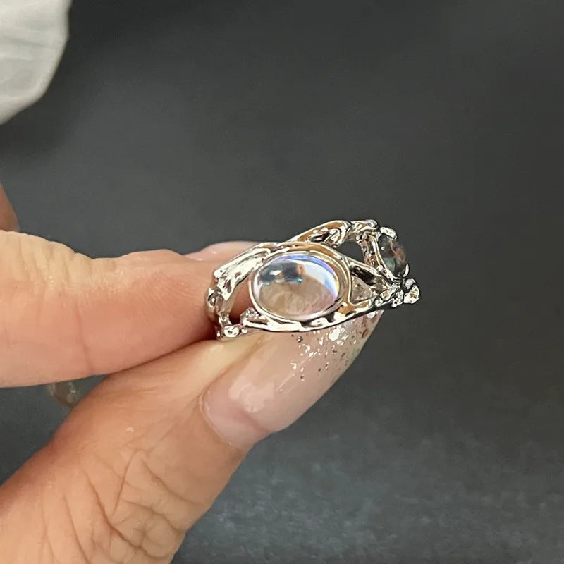 Y2K Crystal Rings Kpop Heart Adjustable Ring Irregular Geometry Punk Vintage Rings Set