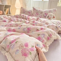 hollow lace wrinkled cotton four-piece set household student dormitory three-piece set bed sheet quilt cover