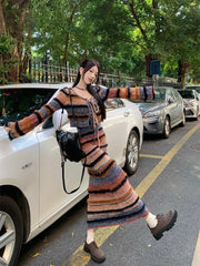 Korean style Streetwear Long-sleeved Cardigan Striped Knit Sling Dress Two-piece Suit