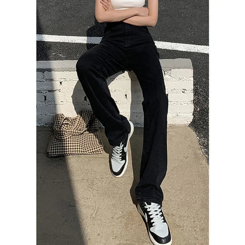 Korean High Waist Streetwear Straight Leg Jeans Girls Y2k Clothes Pants Black Baggy Harajuku Denim Trousers
