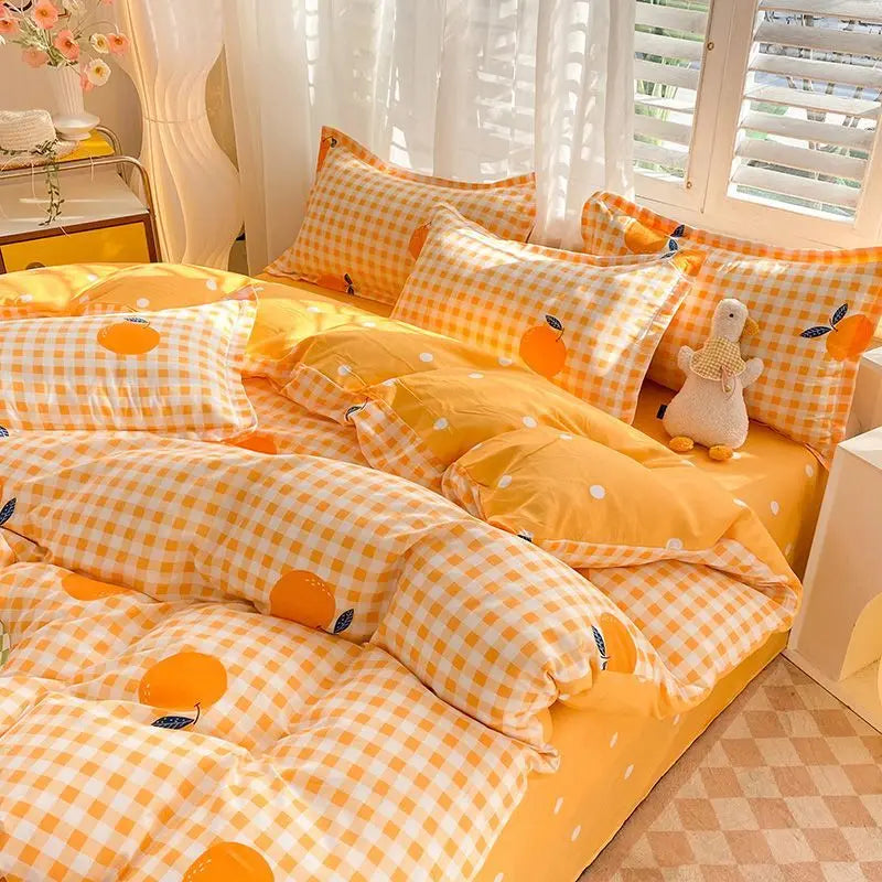 Simple Bedding Set Plaid Sold Color Single Queen Size Duvet Cover No Filling Boys Girls Flat Sheet Pillowcase Kit