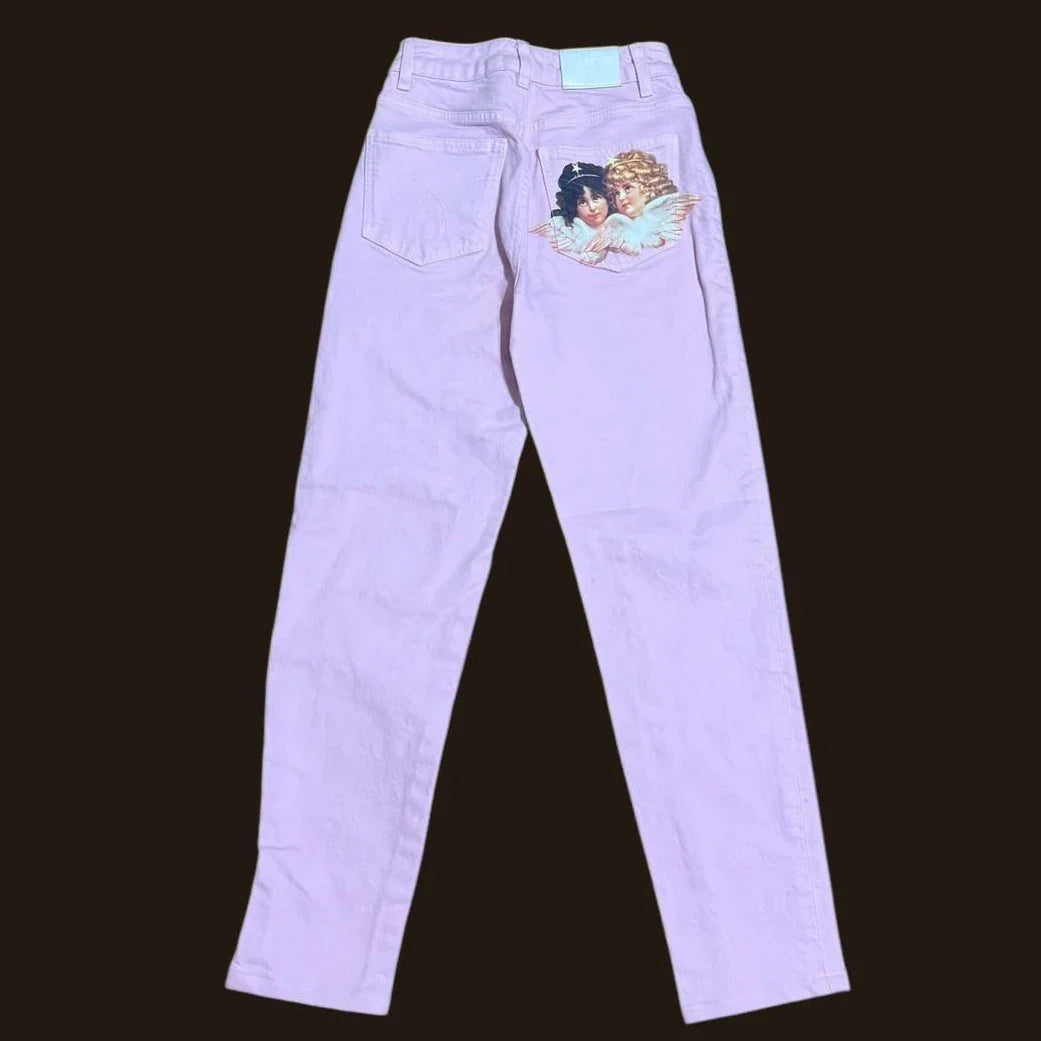Y2K Light Pink Baggy Straight Leg Jeans Clothing Harajuku Classic Angel Graphic Printed Trousers Gothic High Waist Pants
