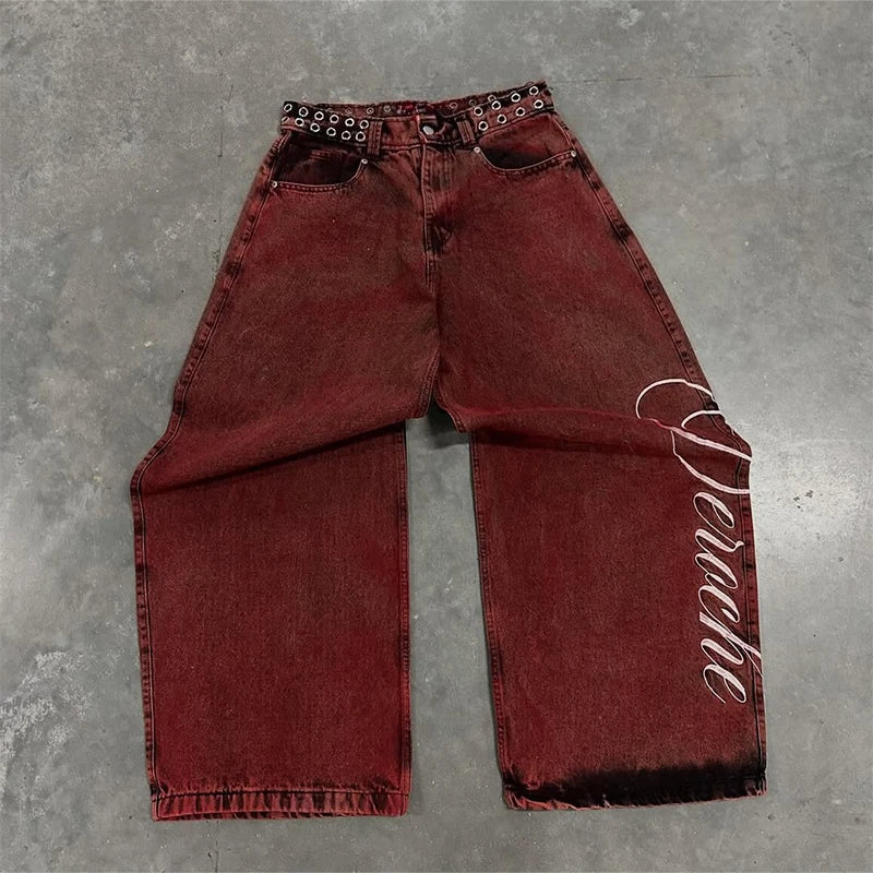 Y2K Casual Loose Jeans Vintage Letter Print Rivet Waist Belt Design Red High Waist Wide Leg Jeans Hip Hop Streetwear