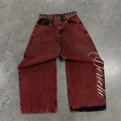 Y2K Casual Loose Jeans Vintage Letter Print Rivet Waist Belt Design Red High Waist Wide Leg Jeans Hip Hop Streetwear