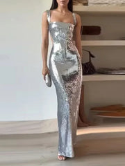 Sling Backless Silvery Maxi Dress