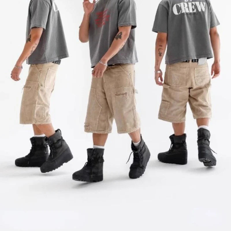 Deeptown Y2k Vintage Washed Short Cargo Jeans Harajuku Hole American Style Wide Leg Man Jorts Baggy Hip Hop Streetwear