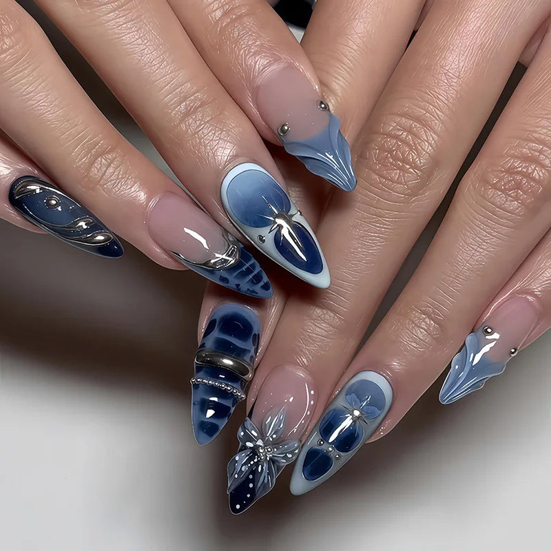 24Pcs Black Y2k Long False Nails with Almond Head Design Cat's Eye Silver Stripe Pattern Press on Fake Nails Wearable Nail Tips