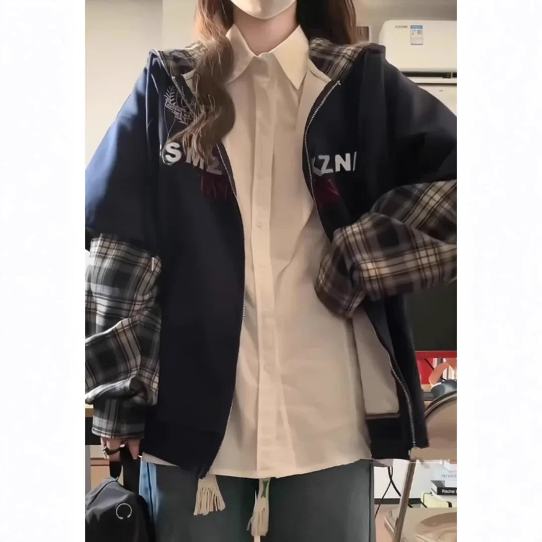 Two-Piece Illusion Plaid Hooded Sweatshirt Thin Style Design Sensibility Niche Loose Fit Idle Style Couple