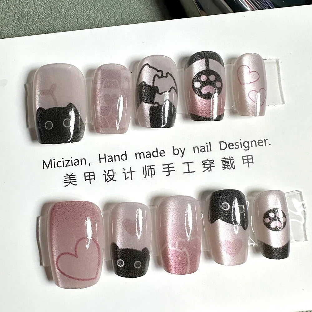 10Pcs Wearable Cat Eyes Series Short Square Press On Nails Kawaii Cartoon Cat Rabbit Rhinestone Gradients Full Cover False Nails