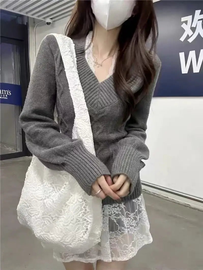 Fashionable Retro V-neck Long-sleeved Sweater Japanese Sweet