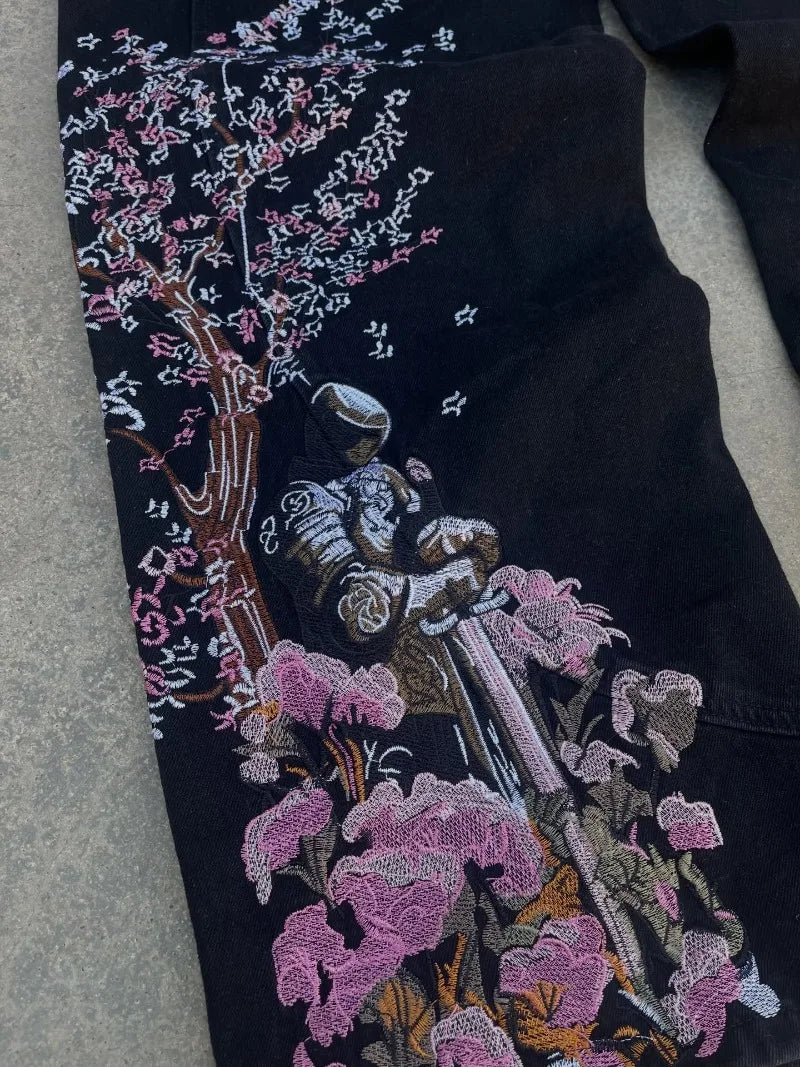 American Vintage Cherry Blossom Pattern Embroidered Blue Jeans Y2K Street Wild Straight Wide-leg Trousers