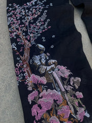 American Vintage Cherry Blossom Pattern Embroidered Blue Jeans Y2K Street Wild Straight Wide-leg Trousers