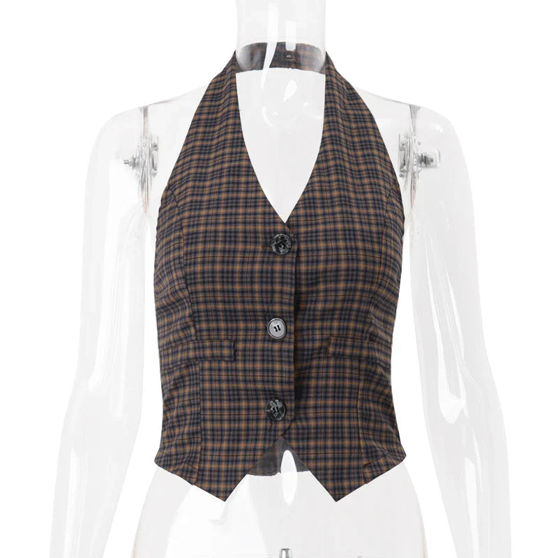 CandyPlaid Print Vintage V-neck Buttons Retro Casual Halter Crop Tops Y2K Daily Sweet Cute Outdoor All-Match Vest