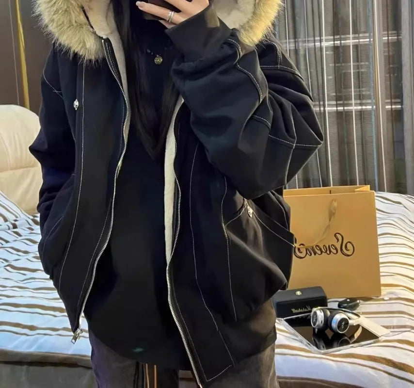 American Street Fur Collar Zipper Hooded Jacket Retro Velvet Thickened Warm Loose