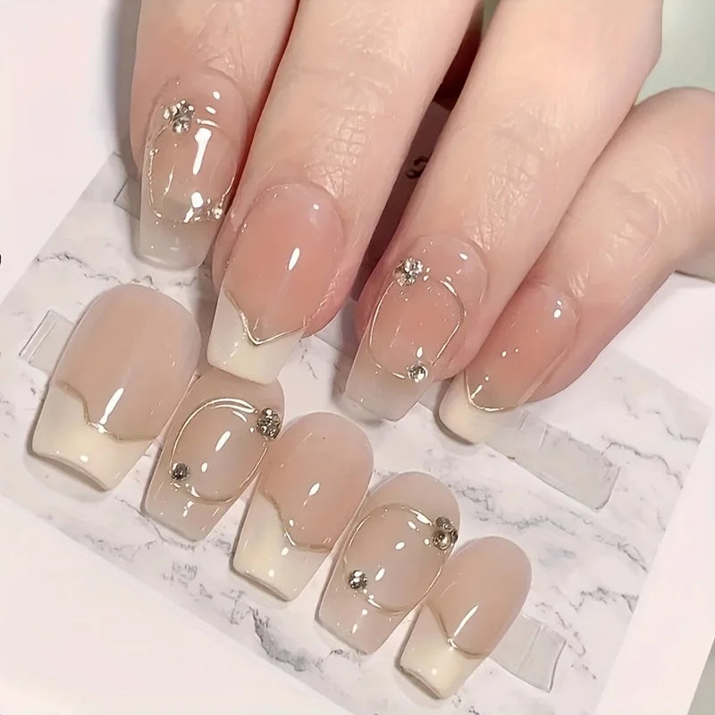 10pcs high-end Light luxury short style French handmade fake nails, Small fresh short French diamond nail decoration patch