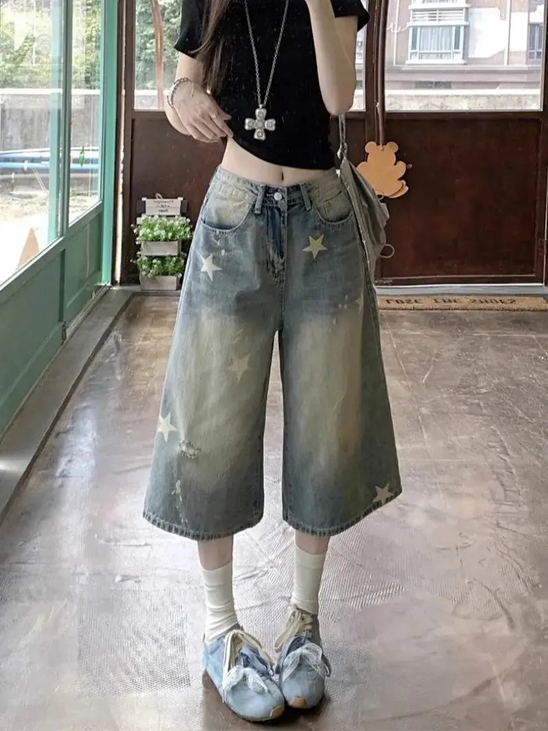 Retro Vintage Loose Wide Leg Jeans Star Print Y2K Harajuku Denim Shorts Casual Streetwear High Waist Washed Pants