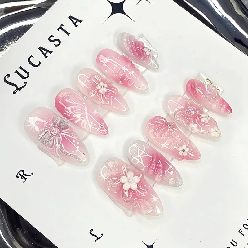 24pcs Gradient Pink Almond False Nail Tips Wearable Cat's Eye Smudge Design Nails Set Press on Sweet Butterfly Flower Fake Nails