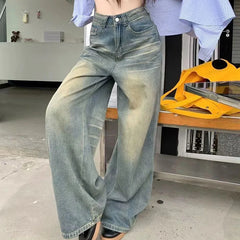 Vintage Chicly Button Jeans American Simple Baggy High Waisted Denim Pants Washed Y2K Wide Leg Jean Trousers