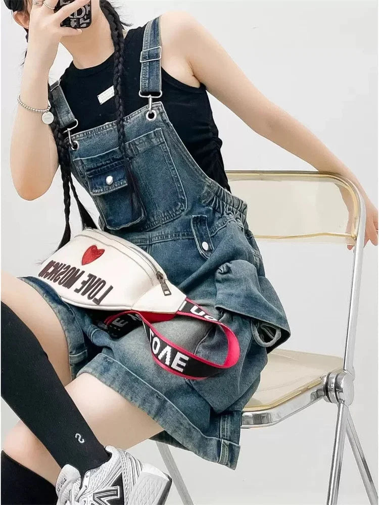 American Vintage Denim Overalls Wide Leg Jumpsuit Slim Fit Loose Design Youthful Style Short Romper