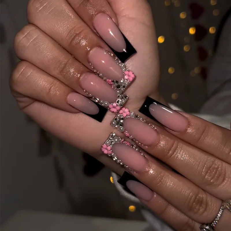 24Pcs Brown Long Coffin False Nails Glitter Ballet Wearable with French Design Fake nails Full Press on Nail Ins Nail Tips Art