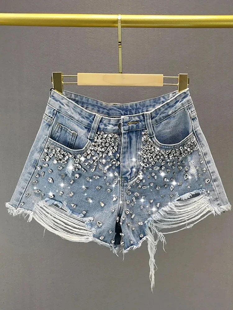 Y2K Distressed Diamond Tassel Blue Short Jeans Ripped Loose Wide Leg Denim Shorts Korean Casual Shorts