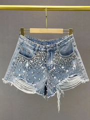 Y2K Distressed Diamond Tassel Blue Short Jeans Ripped Loose Wide Leg Denim Shorts Korean Casual Shorts