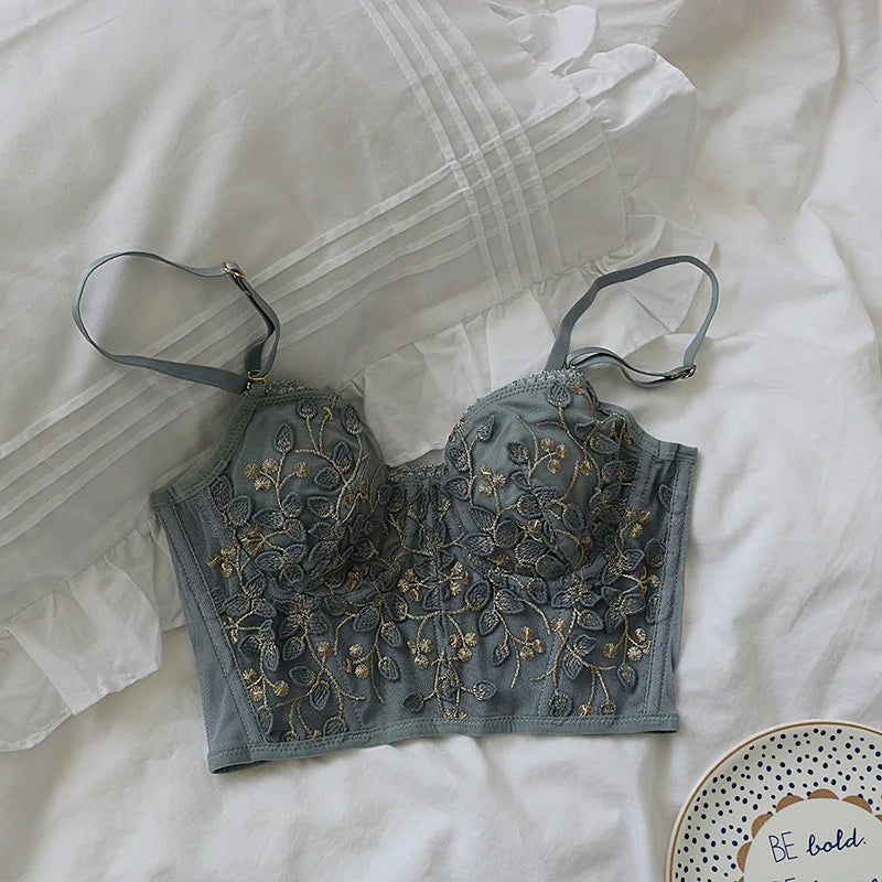 Three-dimensional embroidered bra lace fish bone corset widened breasted with steel ring 2/1 half cup bralette underwear