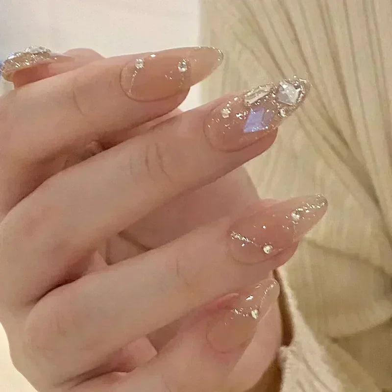24Pcs Almond Pure Handmade Press On Nails Full Cover Butterfly French Pearl Diamond False Nails Wearable Manicure Nail Tips Art