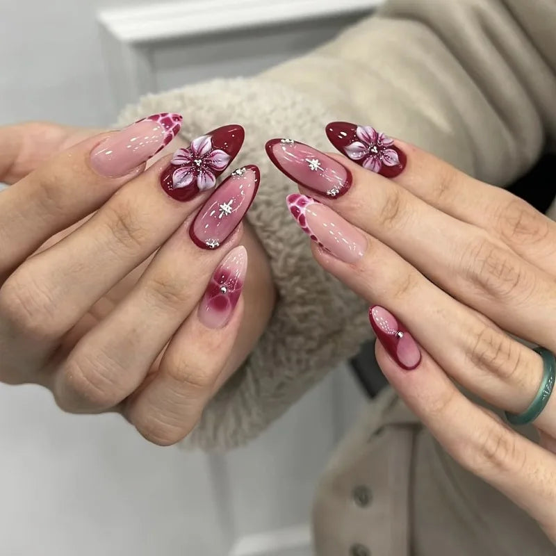 24PCS Simple Ins Dark Pink Blush 3D Flower Almond False Nails with Glue Leopard Print French Spice Girls Fake Nail Tips Press On