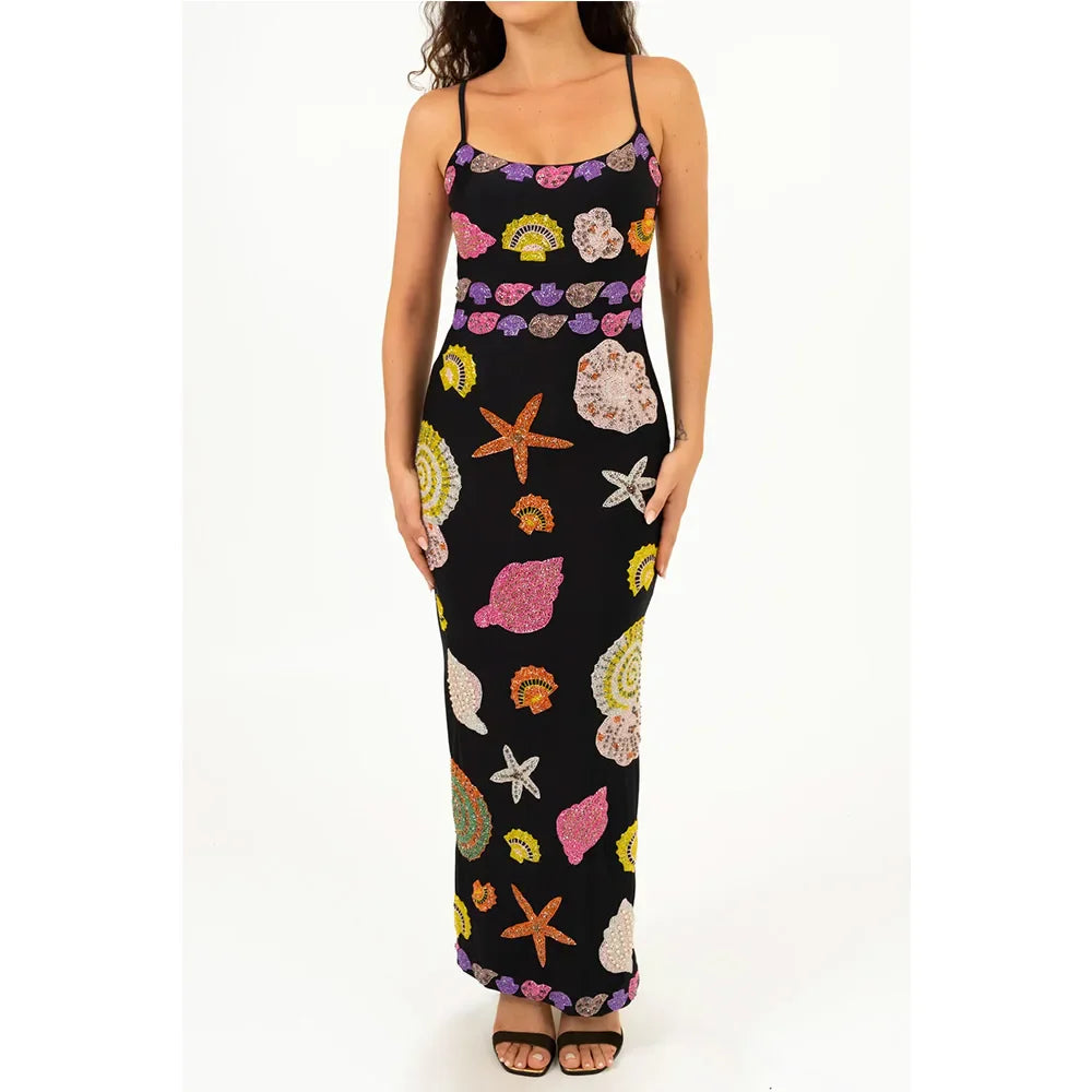 y2k Vintage Starfish Sequins Maxi Dress Sleeveless Bodycon Tank Dress Backless Beach Party Long Dresses