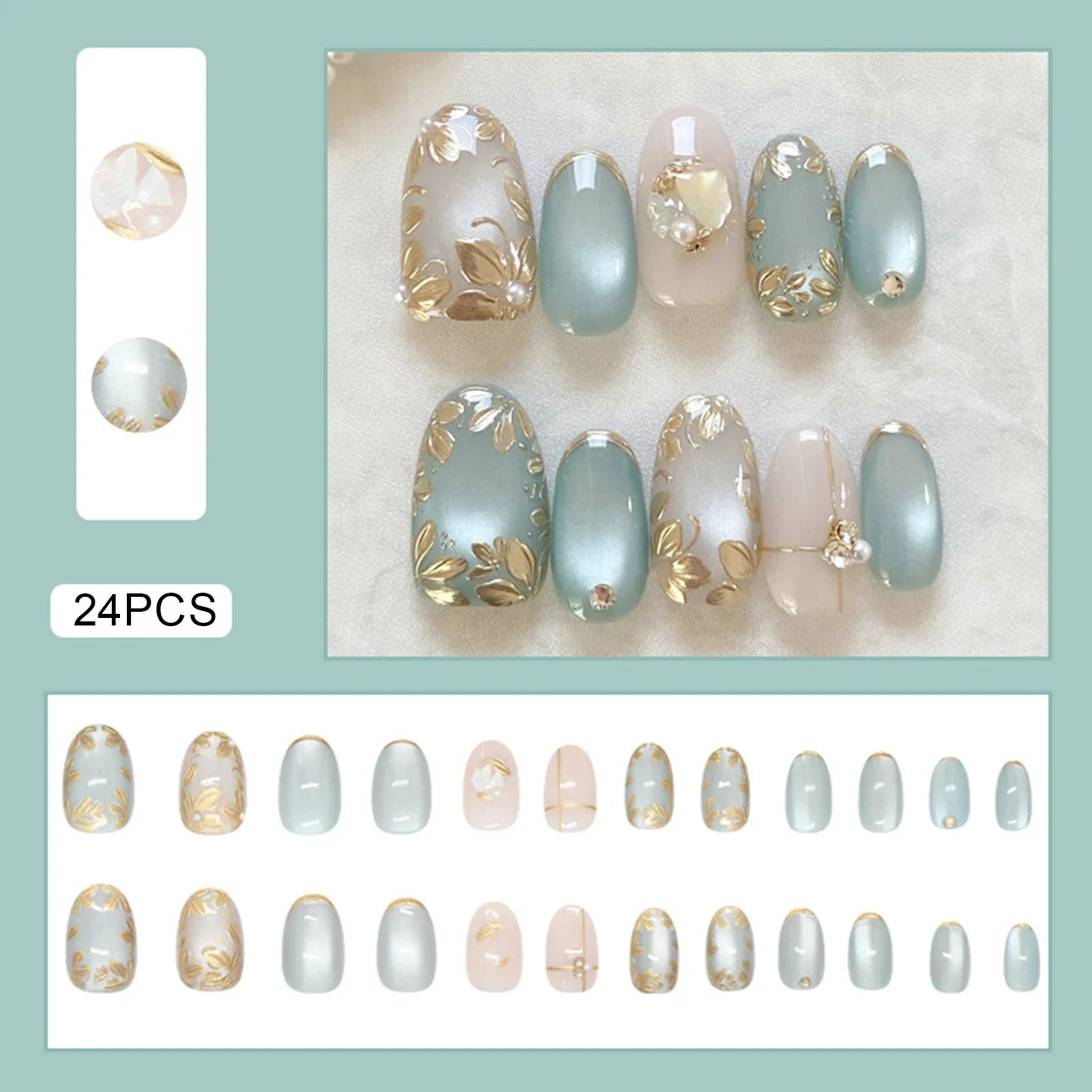 24pcs False Nails Glossy Green Almond Fake Nail Tips Wearable Detachable Flower Print Press on Nails