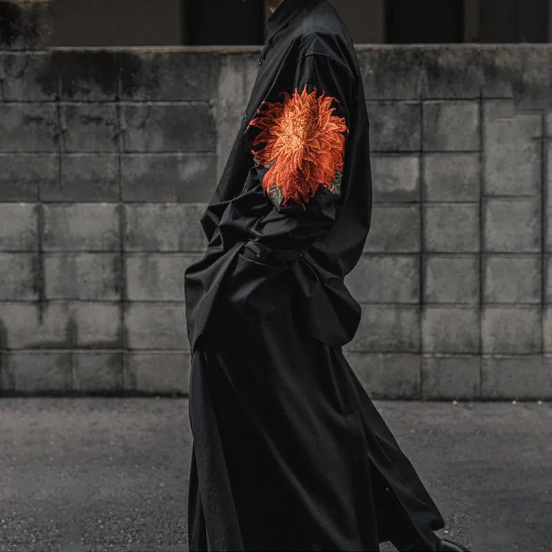 Yamamoto Style Red Flower Shirt Japanese Elongated Dark Embroidered Floral Top Unisex Loose Fitting Long Sleeved Shirts